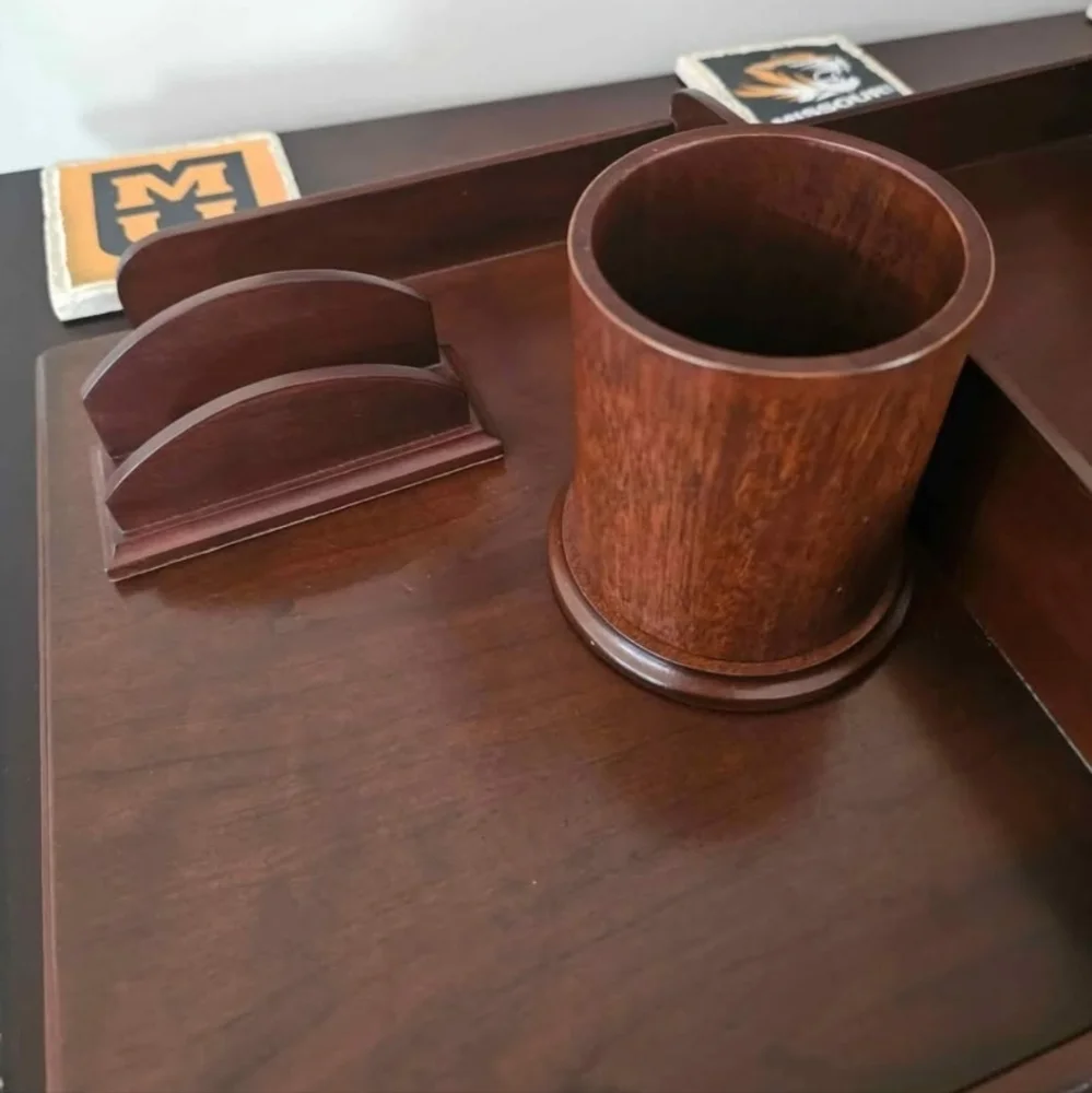 Solid wood desk trays, pencil cup and business card holder.